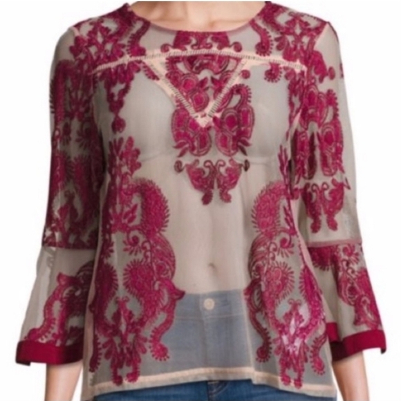 MinkPink Burgundy Red & Pink Paisley Sheer Embroidered Bell 3/4-Sleeve Top - Picture 1 of 8